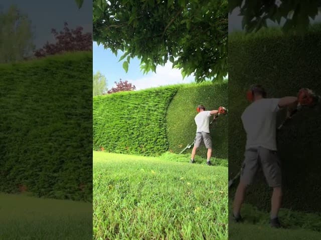 Une haute haie verte soigneusement taillée s'étendant devant une rangée de grands conifères sombres.