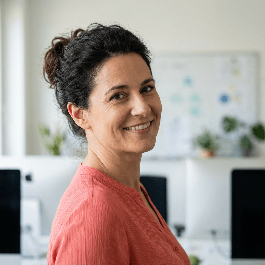 Une femme souriante aux cheveux foncés en chignon, portant un haut corail dans un bureau.