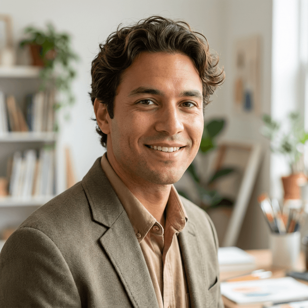 Homme souriant aux cheveux bruns ondulés portant un blazer vert dans un bureau ensoleillé.