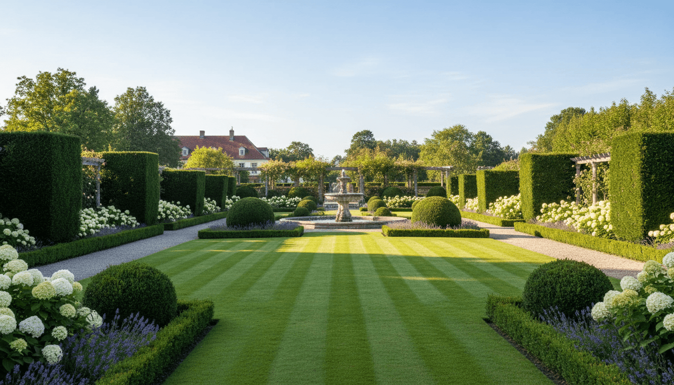 Jardin de particulier à Saumur avec pelouse tondue et haies taillées
