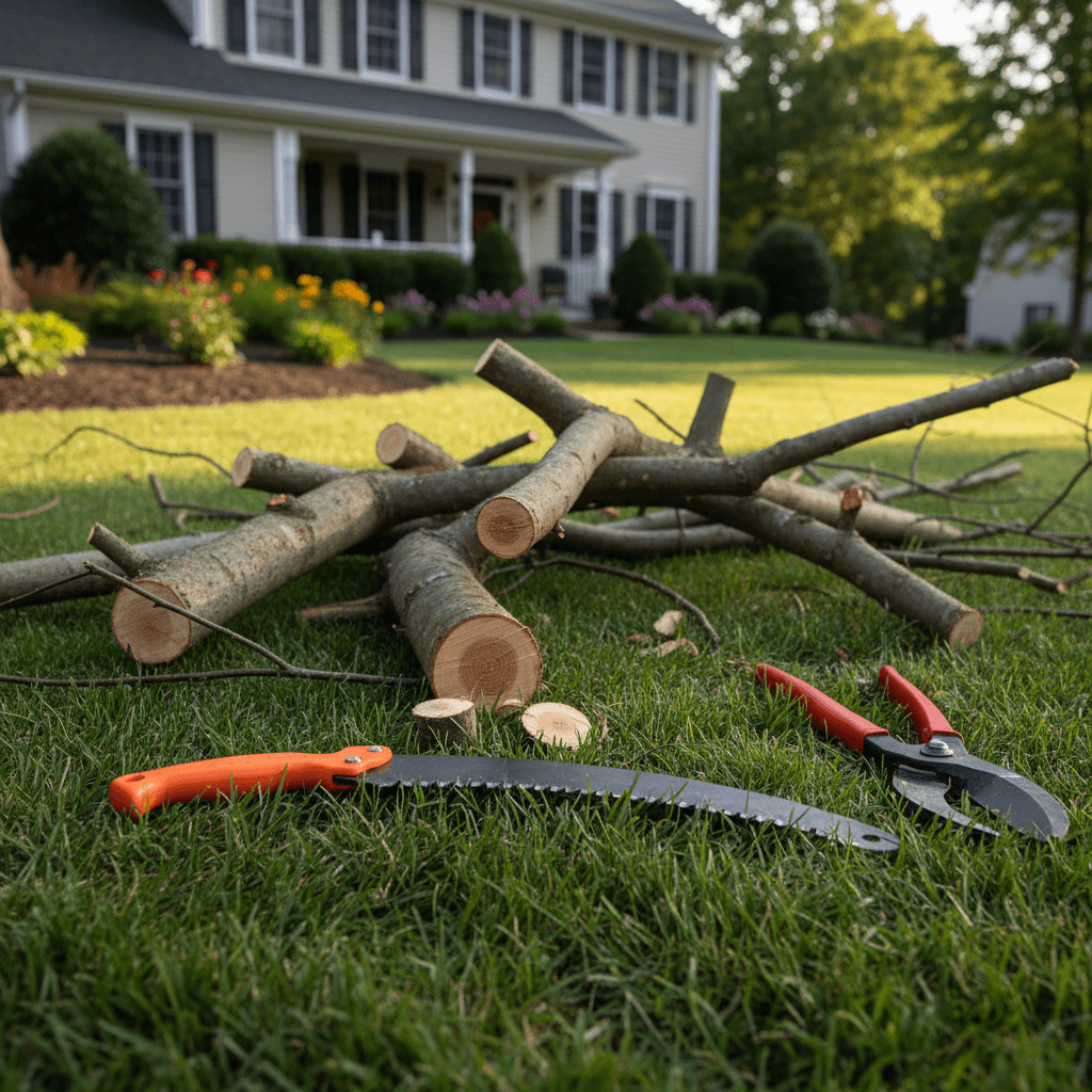Professionnel en train de tailler les branches hautes d'un arbre avec une scie d'élagage