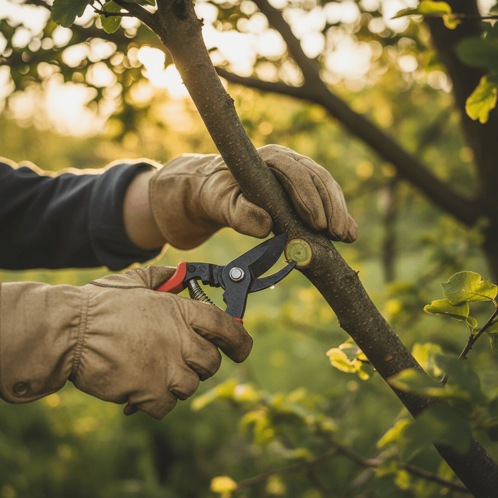 Taille d'arbres par un professionnel dans un jardin