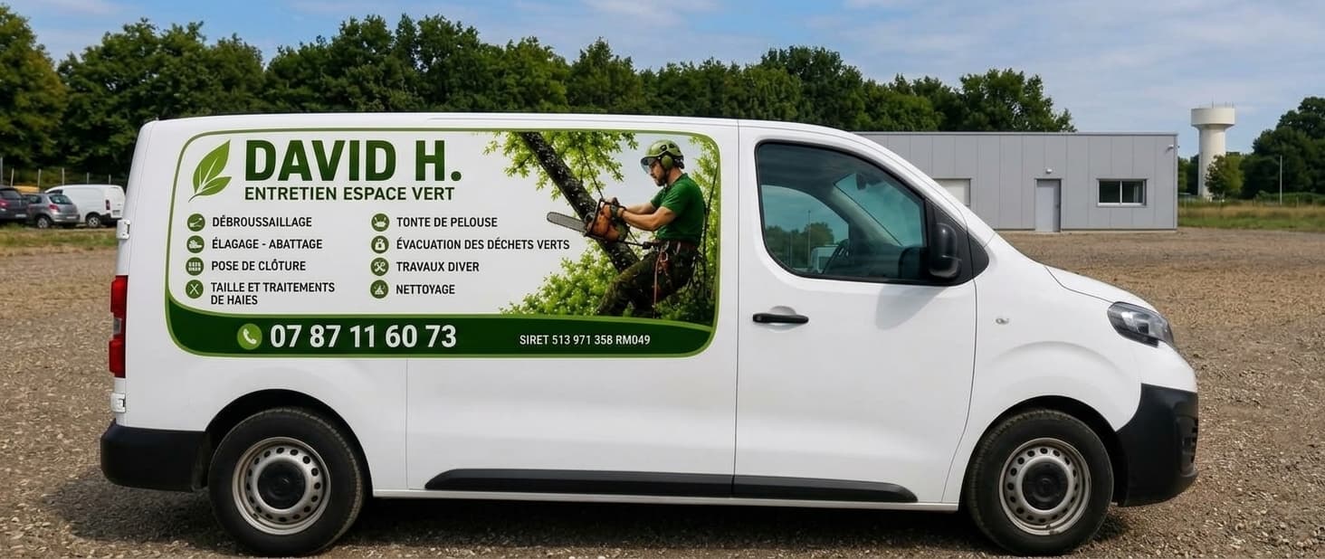 Camionnette blanche David H. Entretien Espace Vert illustrée par un élagueur avec une tronçonneuse.