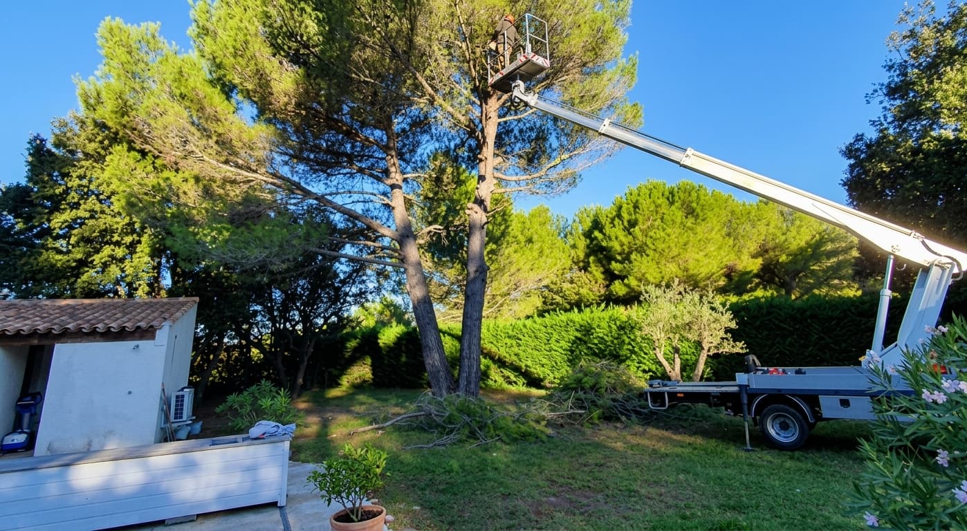 Un élagueur dans une nacelle taille un grand pin dans un jardin ensoleillé.