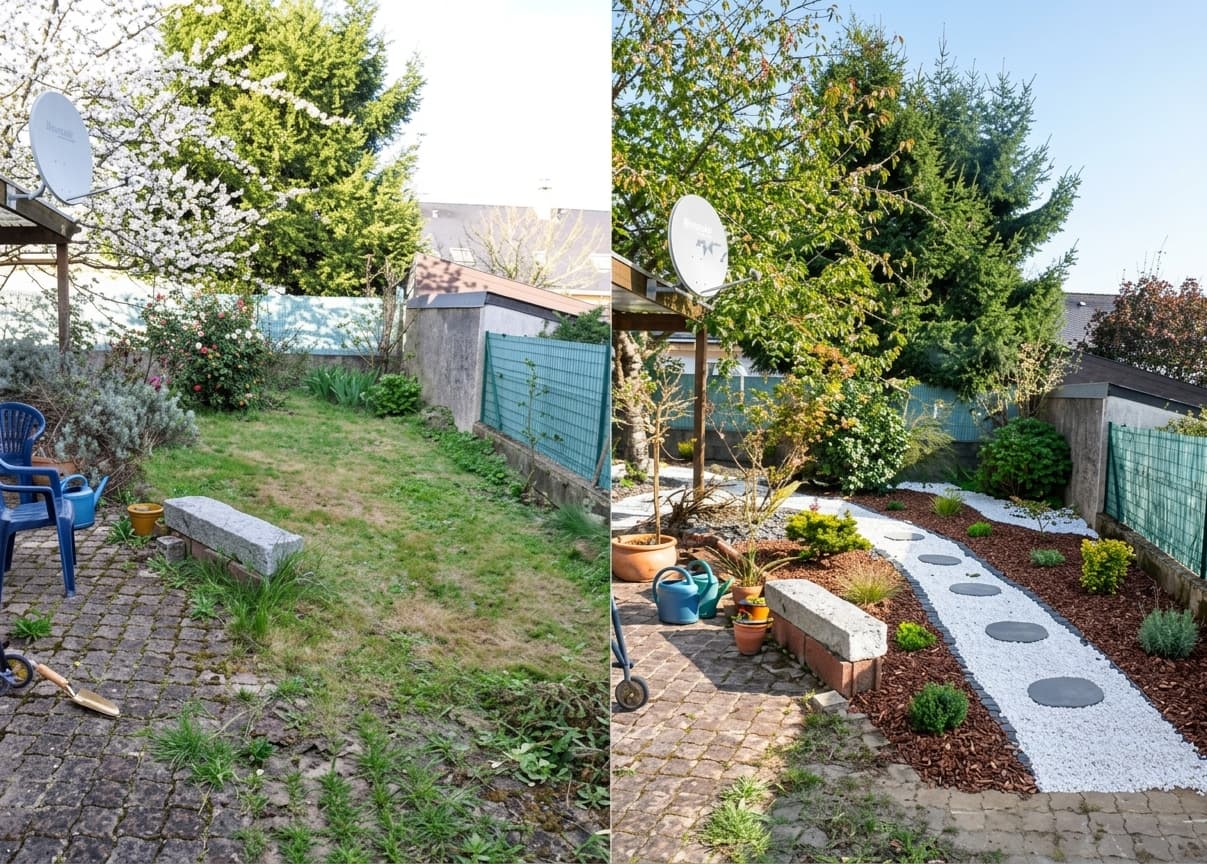 Comparaison avant et après d'un jardin rénové avec un sentier de gravier blanc.