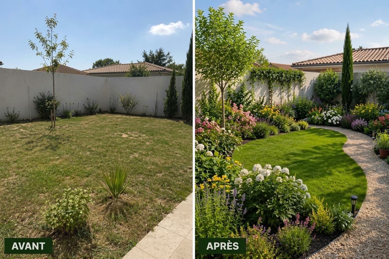 Avant-après d'un jardin transformé en un espace paysager luxuriant avec fleurs et sentier de gravier.