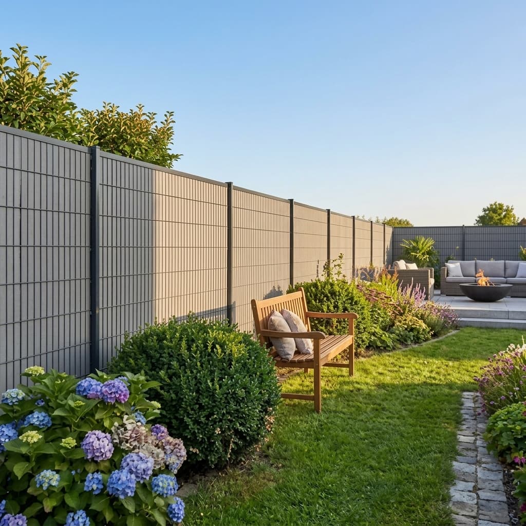 Clôture grise moderne bordant un jardin avec banc en bois, hortensias et salon extérieur.