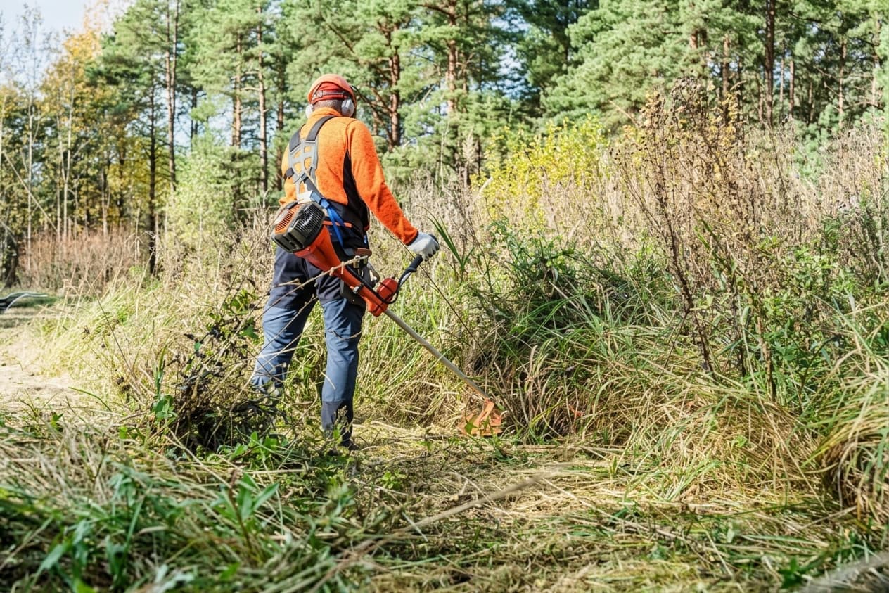 Homme en tenue orange utilisant une débroussailleuse pour couper les herbes hautes en forêt.