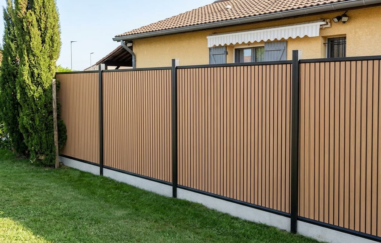 Clôture moderne à lattes verticales imitation bois avec cadre noir devant une maison jaune.
