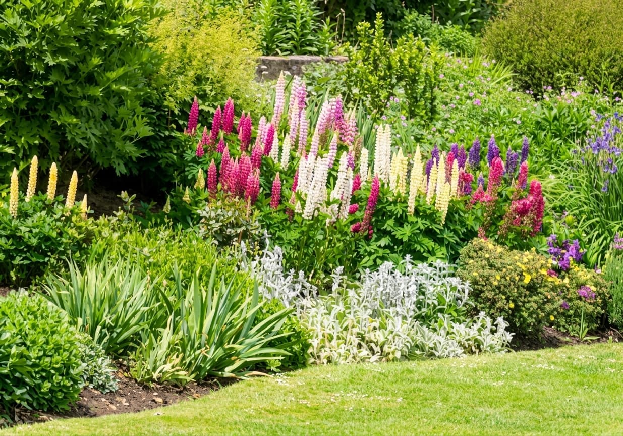 Des lupins multicolores fleurissent dans un jardin luxuriant bordé par une pelouse verte impeccable.