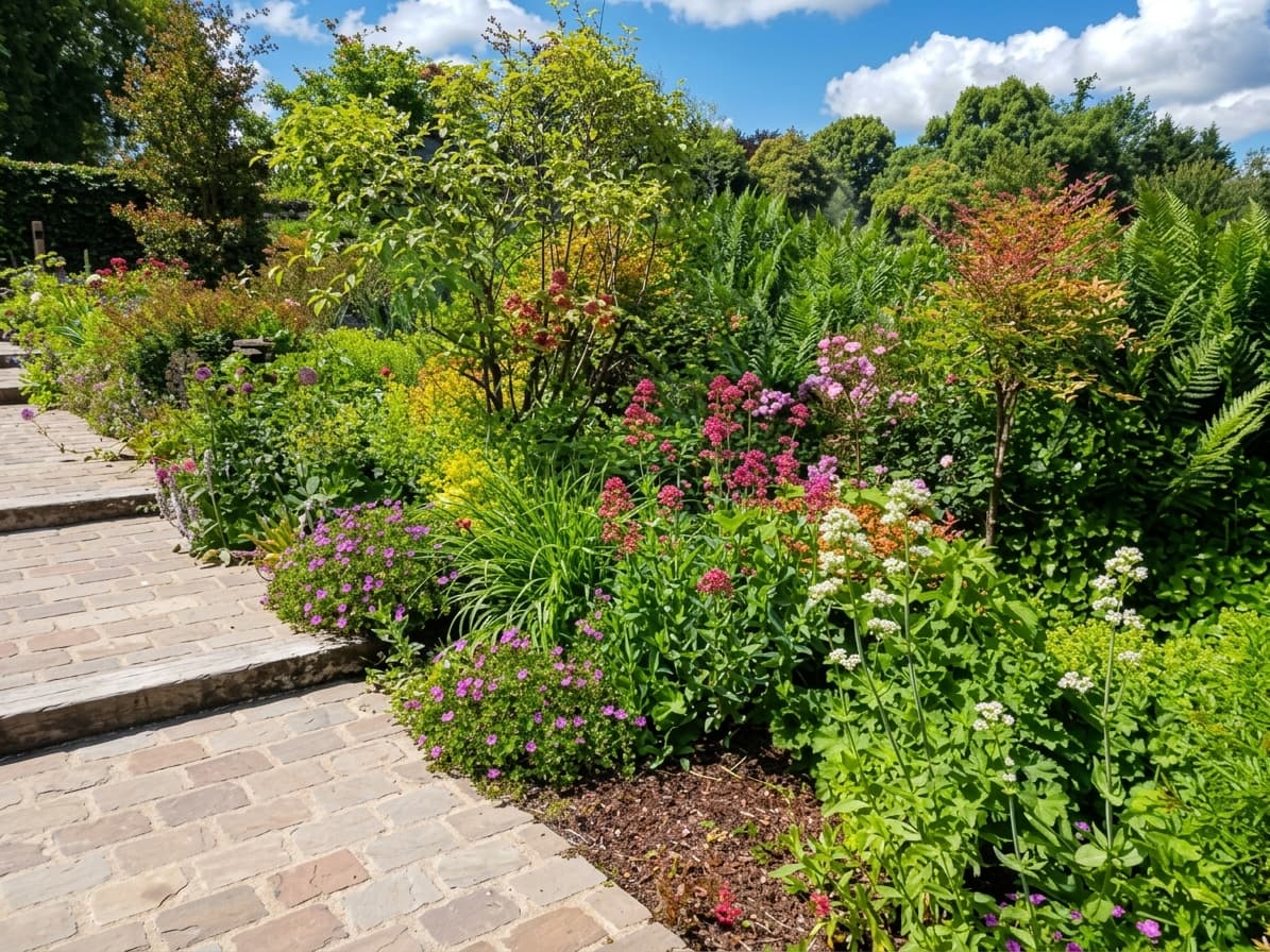Jardin luxuriant aux fleurs colorées bordant un escalier en pierre sous un ciel bleu.