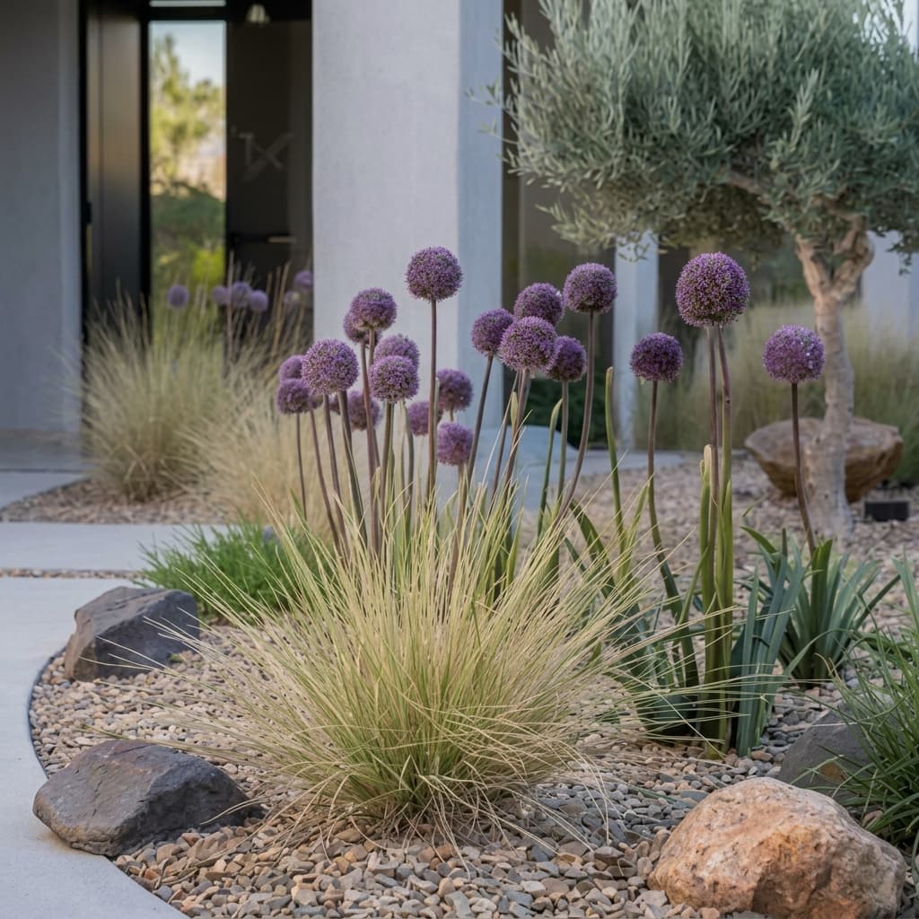 Alliums violets et graminées ornementales dans un jardin contemporain avec gravier et roches décoratives.